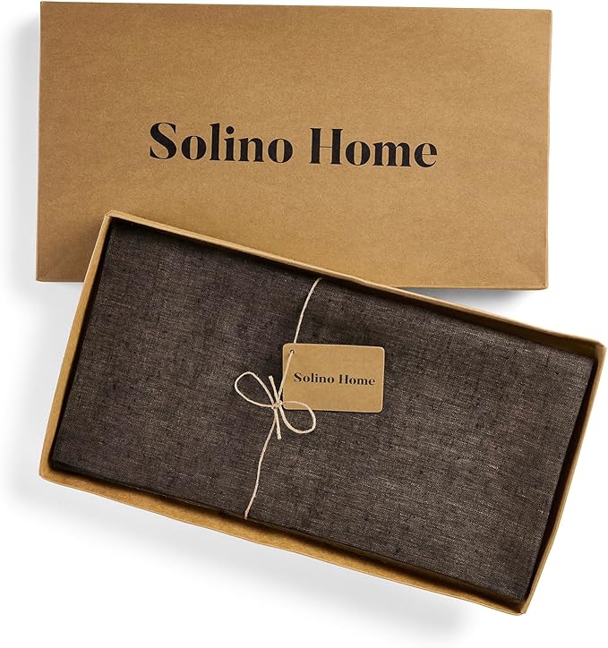 Solino Home Linen Tablecloth 60 x 108 Inch - 100% Pure Linen Chambray Brown Table Cloth for Rectangle Tables - Athena, Machine Washable Tablecloth for Fall, Autumn