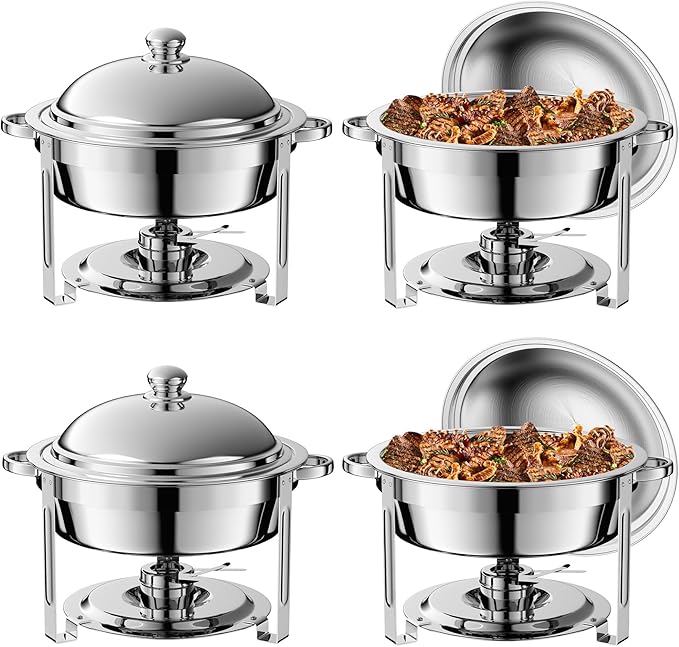 4 Pack Round Chafing Dish Buffet Set,Stainless Steel 8QT Round Buffet Servers and Warmers, Thick Stand Frame Catering Chafe with Mirror Covers,Food Warmer for Party, Weddings,Picnic
