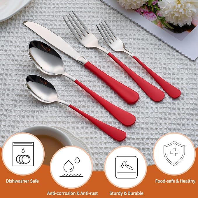 20 Piece Red 18/0 Flatware Utensil Set for 4, Include Dinner Knife,Dinner Forks,Dinner Spoons,Salad Forks,Teaspoons,Silverware Set for 4, Dishwasher Safe