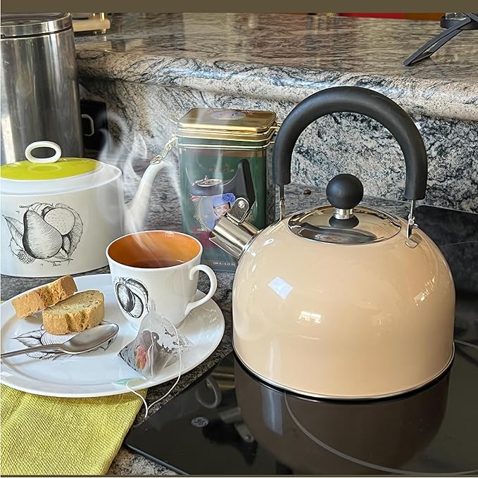 Lily's Home 2 Quart Stainless Steel Whistling Tea Kettle, the Perfect Stovetop Tea and Water Boilers for Your Home, Dorm, Condo or Apartment. (Pastel Cream)