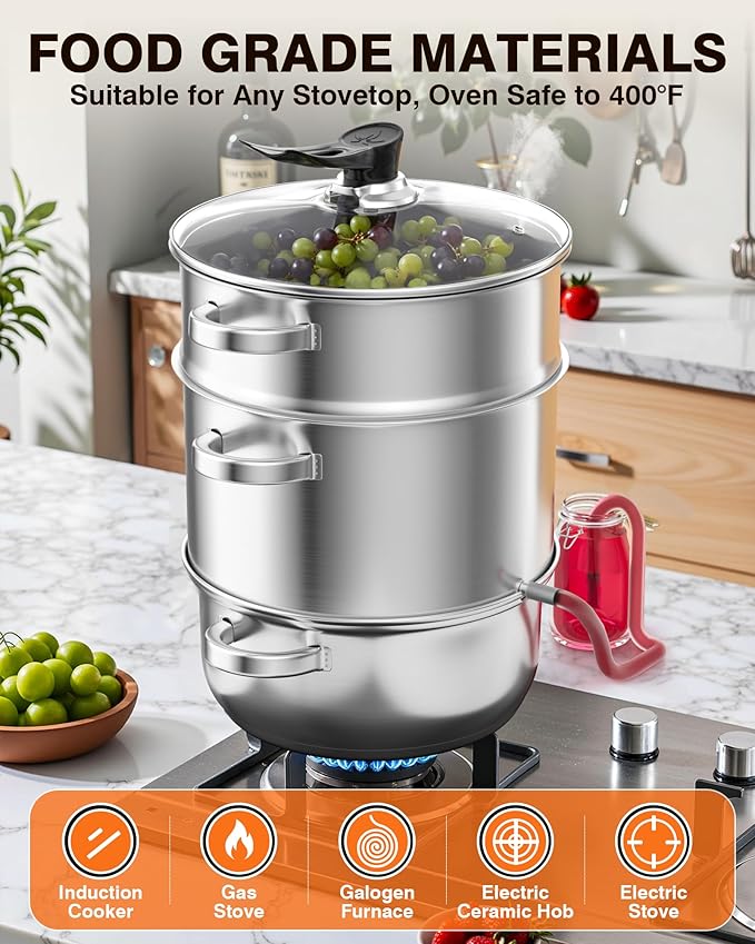 PYY Steam Juicer Extractor - 11QT Fruit Vegetables Steam Juicer for Canning, 3-Layer Stainless Steel with Tempered Glass Lid, Hose, Jelly, Syrup, Clamp Steamer Extractor for Making Juice