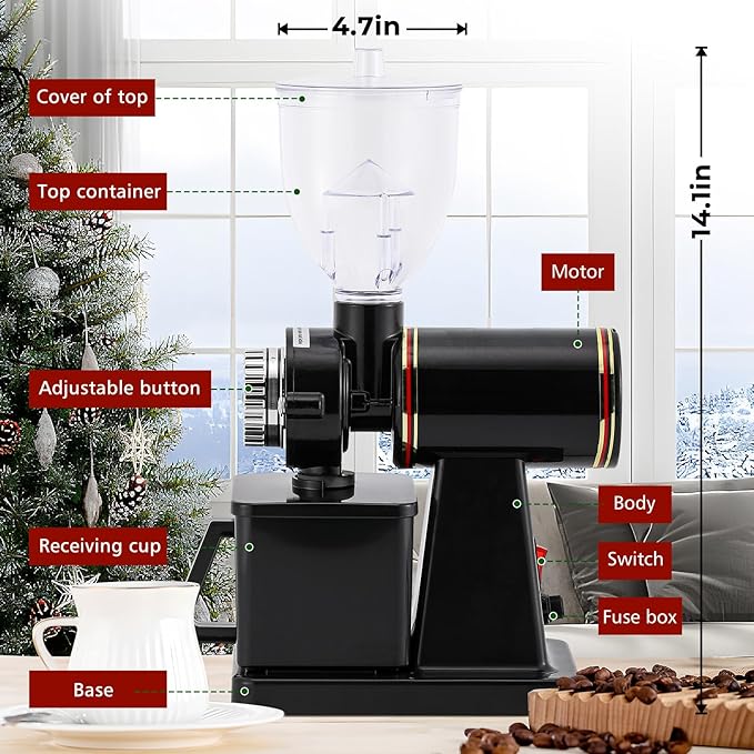Burr Coffee Grinder Electric Espresso Grinder Commercial & Homeuse Silent Small Coffee Bean Grinder with Hopper Adjustable Grind, With Brush, Spoon, Black