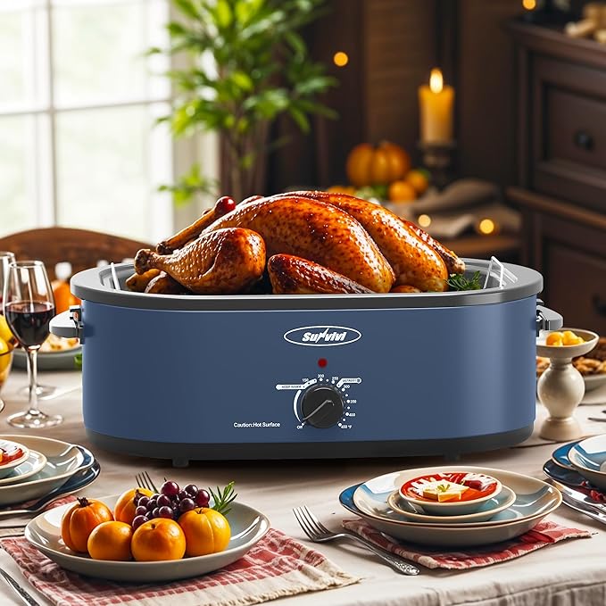 Sunvivi 20-Quart Roaster Oven with Self-Basting Lid, Electric Turkey Roaster Oven with Removable Pan and Rack, Stainless Steel, Blue