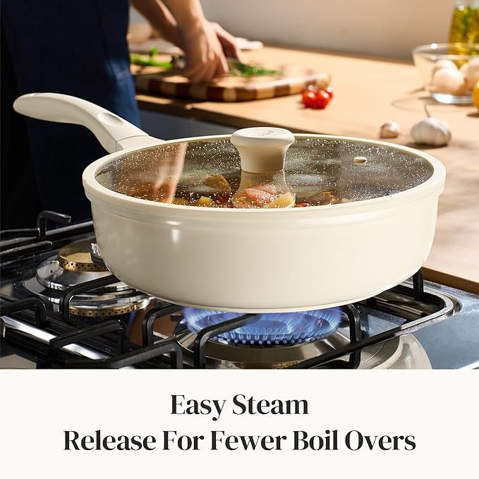 Redchef Nonstick Deep Frying Pan with Lid, Ceramic Saute Pan Skillet, PFOA PFOS Free, Induction Compatible, Stay-Cool Helper Handle, Tempered Glass Cover, Dishwasher Safe, Beige (3.7Qt, 10")