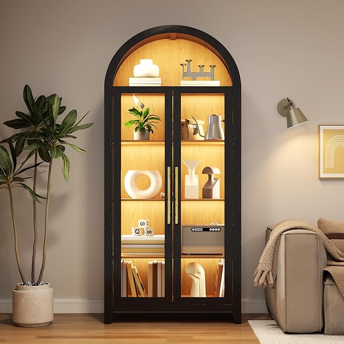 Arch Storage Cabinet with Tempered Glass Door, 71” Arched Display Floor Cabinet, 5 Tier Farmhouse Buffet with Storage for Dining Room, Living Room, Home Office or Kitchen(Black&Oak)