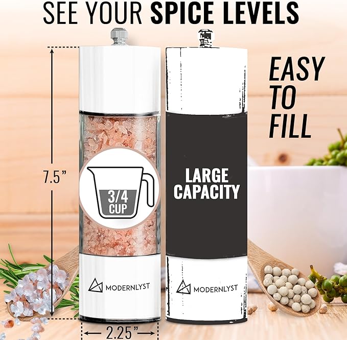 Manual Salt and Pepper Grinder Set of 2 | Large Round Shakers | 7.5 Inch Stainless Steel Refillable Grinders (White)