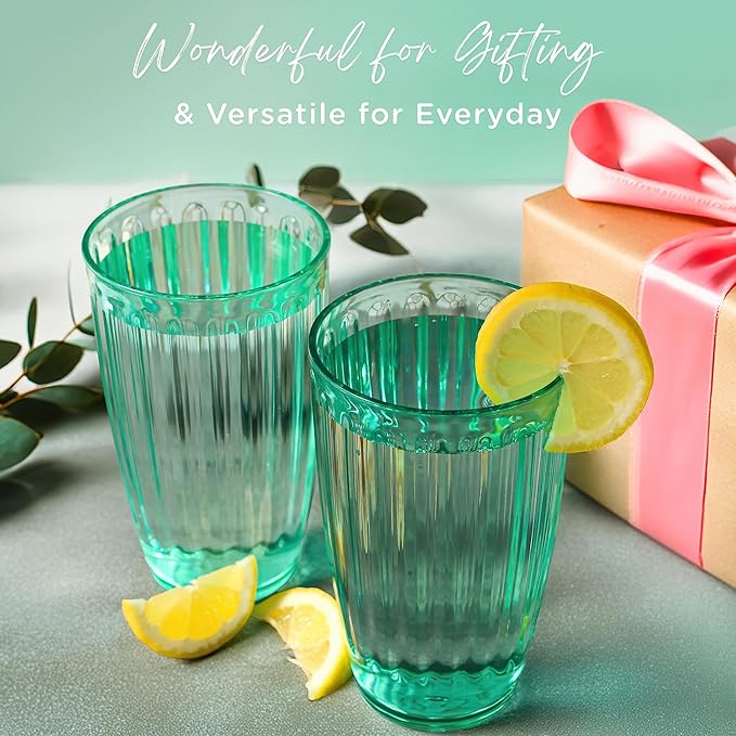 Kate Aspen Teal Fluted Plastic Drinking Glasses Set of 8, 21 oz, Acrylic Glasses Drinkware, Plastic Cups Reusable for Iced Water, Cocktails, Lemonade, BPA-Free Acrylic Glasses Drinkware