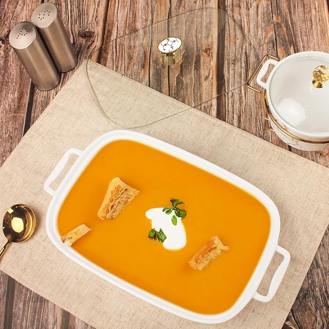 11" x 8" Ceramic Rectangular Casserole Dish with Glass Lid, 1.6 Quart White Serving Soup Tureen,Chafing Dish for Buffet, Family Food preserve Tray, Catering Casserole for Party Style
