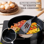 E-far Silicone Cooking Utensils Set, 5-Piece Black Kitchen Utensils Set with Wooden Handle for Cooking, Silicone Kitchen Nonstick Tools Spatula Turner Slotted Spoons, Nontoxic & Heat Resistant-Black