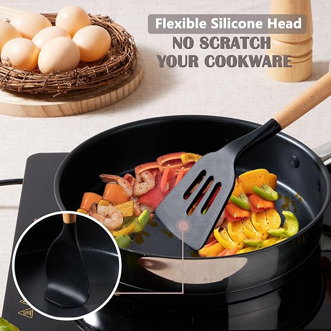 E-far Silicone Cooking Utensils Set, 10-Piece Black Kitchen Utensils Set with Wooden Handle for Nonstick Cookware, Heat Resistant Kitchen Nonstick Tools Spatula Whisk Tongs Ladle, Non-toxic & Healthy