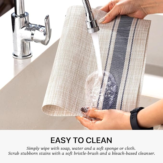 LEXMORE PlaceMats Set of 12 Vinyl/Plastic Woven Place Mats for Kitchen Table Indoor/Outdoor Washable PlaceMat Wipeable Dining Table Mats(Blue Skyline)