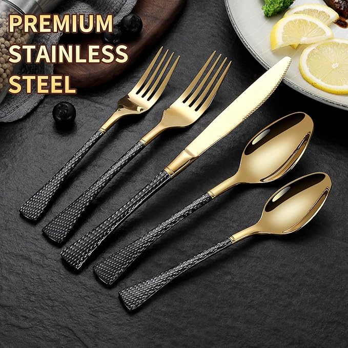 Lemeya Hammered Black Gold Silverware Set for 8,Stainless Steel 40-Piece Modern Cutlery Set,Mirror Polished Heavy Duty Flatware Set Utensil Set,Knives Spoons and Forks Set,Dishwasher Safe