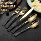 Lemeya Hammered Black Gold Silverware Set for 8,Stainless Steel 40-Piece Modern Cutlery Set,Mirror Polished Heavy Duty Flatware Set Utensil Set,Knives Spoons and Forks Set,Dishwasher Safe