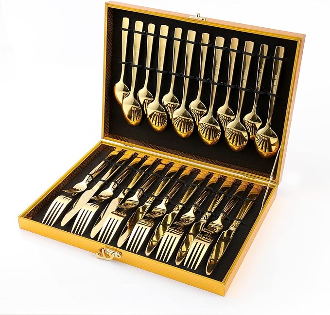 Gold Silverware Set, OGORI 30-Piece Gold Forged Stainless Steel Flatware Set with Square Handle, Service of 6