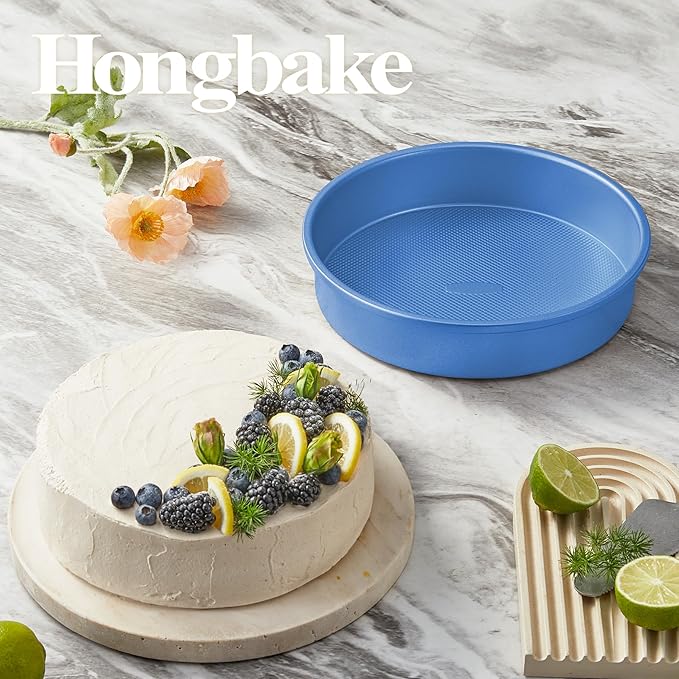 HONGBAKE 9 Inch Round Cake Pan Set of 2, Nonstick Ceramic Coating Cake Molds with Diamond Texture, Aluminized Steel Cake Pans Sets for Baking & Cheesecake, Heavy Duty & Non-Toxic (Deep Blue, 2PCS)
