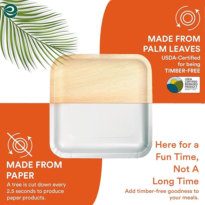 ECO SOUL Compostable 7 & 10 Inch Palm Leaf Square Plates (50 Count) Like Bamboo Plates | Biodegradable | Eco-Friendly, Microwave & Oven Safe - Party Pack