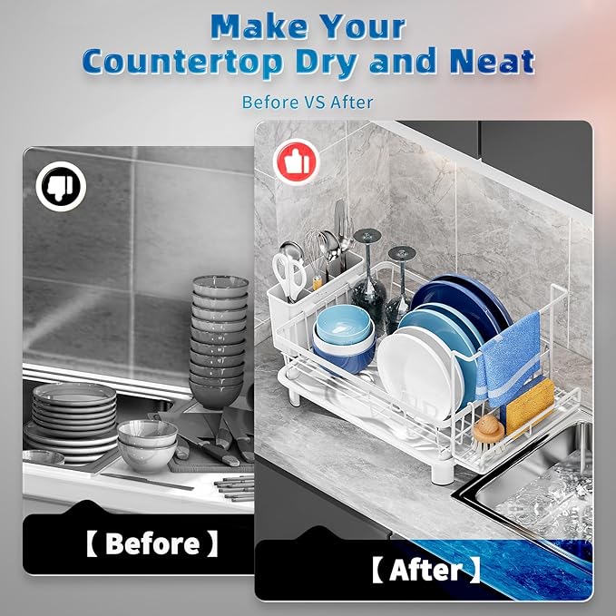 Compact Dish Drying Rack, Dish Drainers for Kitchen Counter with Sponge Rack, Kitchen Drying Rack with Drainboard, Utensil Holder and Automatic Drainage Drainboard, White