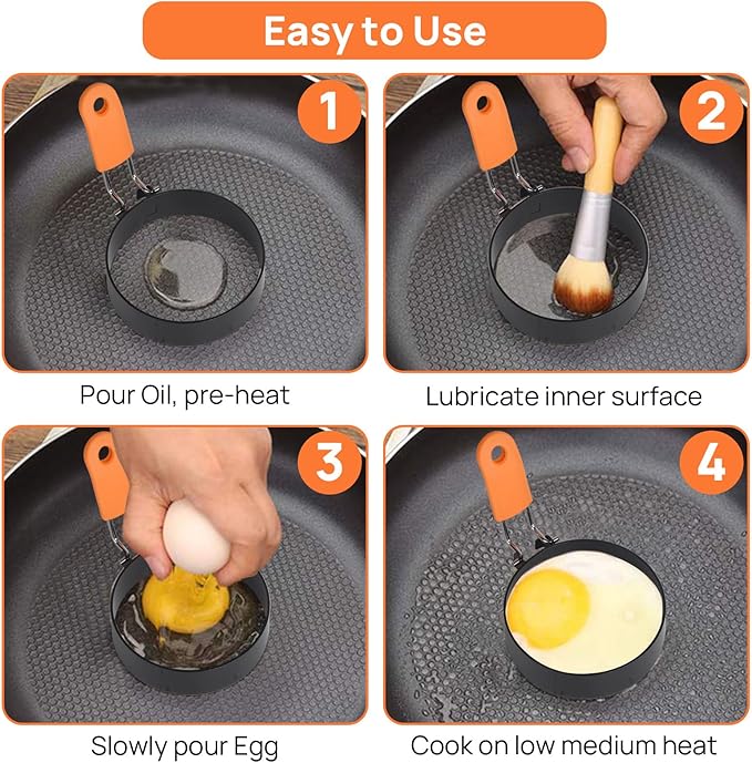 Egg Rings for Griddle Frying Eggs Upgraded 4 Packs, Pancake Shapers with Orange Silicone Handle Non-stick Egg Molds for cooking Breakfast Omelette Sandwiches (3", 3.5", 6", 8")