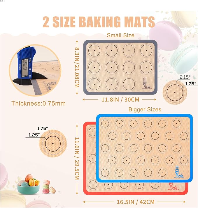 Silicone Baking Mat Macaron - Set of 3 (2 Half Sheet Liners and 1 Quarter Sheet), Non Stick Silicon Cookie Oven Liner For Macaroons, Bake Pans, Pizza, Toaster, Cake and Bread Making (Red,Blue,Gray)