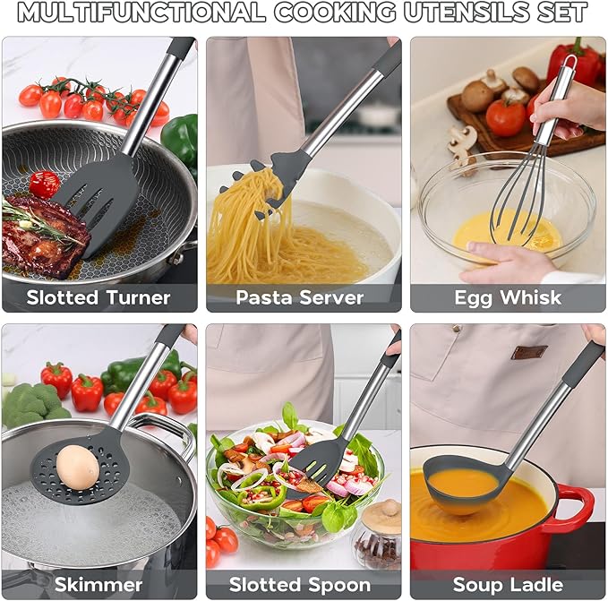 Kitchen Cooking Utensils Set of 15, Silicone and Stainless Steel Utensils Spatula Set with Holder, Heat Resistant & Dishwasher Safe - Grey
