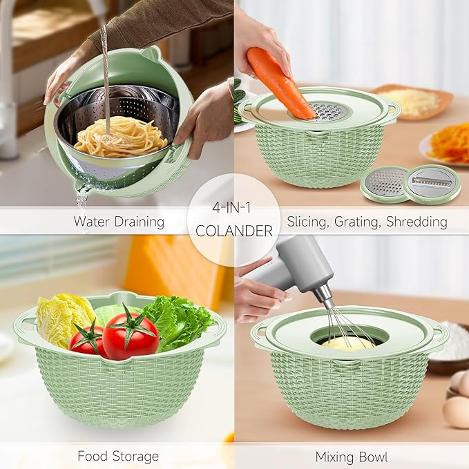 4-1 Strainer Bowl with Lid Set - Strainers and Colanders - Colanders for kitchen - Food Strainer with Graters & Spoons - Fruit Washing Bowl with Colander Pasta Rice Strainer for Veggie Wash Green