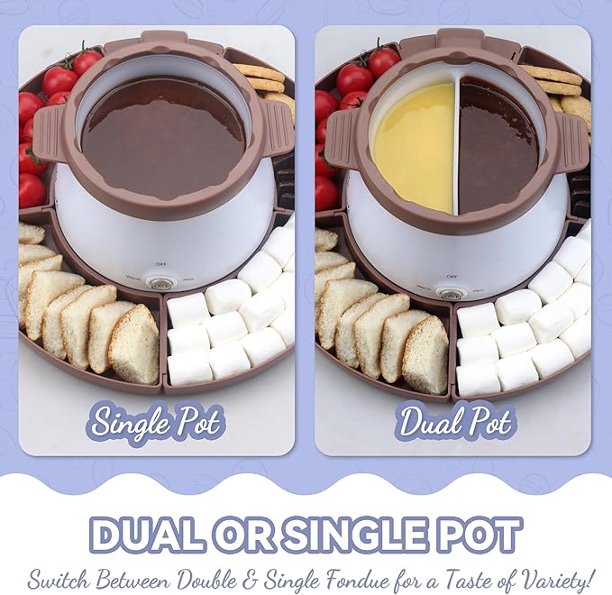 Electric Fondue Pot Set with 2 Pots, Melting Chocolate Warmer for Dipping, Candy & Chocolate Melting Pot, Fondue Pot Electric Set, Fondue Forks Included, 2.5 Cups, Brown