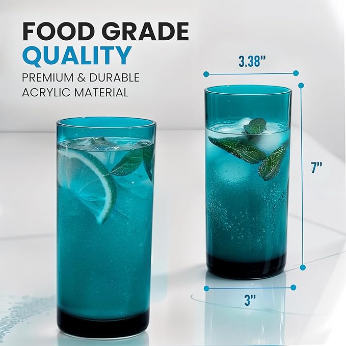 Zulay Kitchen Acrylic Glasses Drinkware - 6 Piece Unbreakable Plastic Tumblers - BPA-Free, Reusable Plastic Drinking Glasses for Home & Outdoors - Lead-Free & Dishwasher Safe - Turquoise - (24oz)