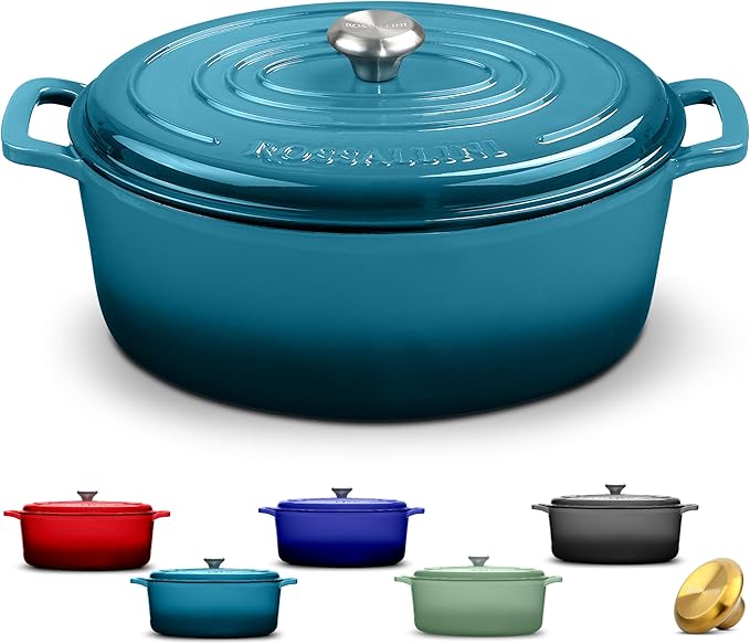 Signature Enameled Cast Iron Oval Dutch Oven | Non-Stick Serving Pot with Tight Fitting Lid for Perfect Roasting, Baking, Sauteing, and Bread Making | 9.5Q [Ocean Blue]