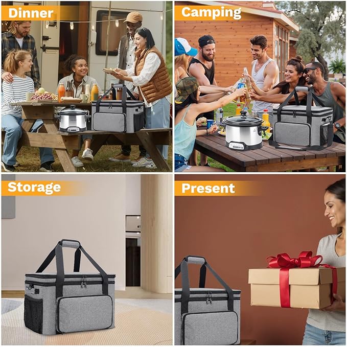 Slow Cooker Carrying Bag, Double Layer Insulated Design Slow Cooker Carrier with Removable Hard Liner and Pot Lid Fastener Fit for 6-8 Quart Crock Pot, Gray