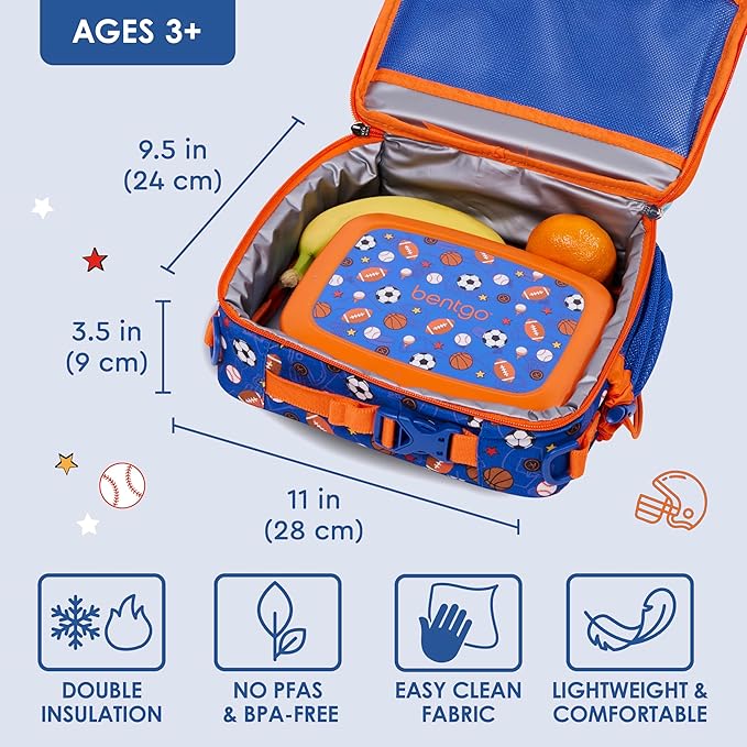 Bentgo Kids Lunch Bag - Durable, Double-Insulated Lunch Bag for Kids 3+; Holds Lunch Box, Water Bottle, & Snacks; Easy-Clean Water-Resistant Fabric & Multiple Zippered Pockets (Sports)