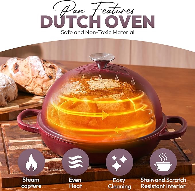 Cast Iron Dutch oven Pot with Lid for Sourdough Bread Baking – Versatile Bread Oven with Non-Stick Enamel Coating, Matte Finishing, Exquisite Embossed Pattern & Ergonomic Handles