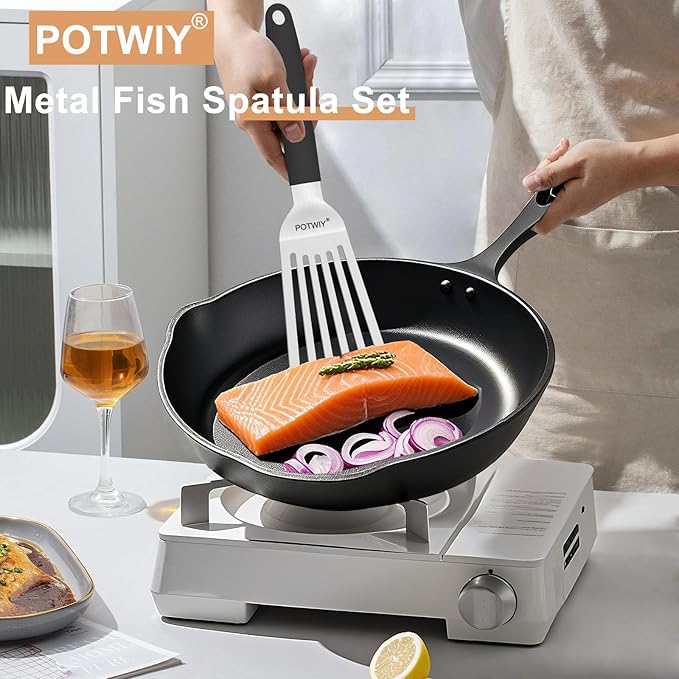 Fish Spatula, 13.3" Stainless Steel Slotted Spatula for Flipping Fish, Egg, Burger, Metal Turner for Kitchen and Grilling Cooking with Silicone Handle, Beveled Edge and Thickened Blade