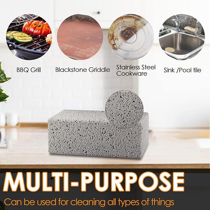 Heavy Duty Griddle Cleaning Brick with Handle- Compatible with Blackstone Flat Top Grills, Commercial Grade Pumice Stone, Easy Grip & Scrape (4 Pack)
