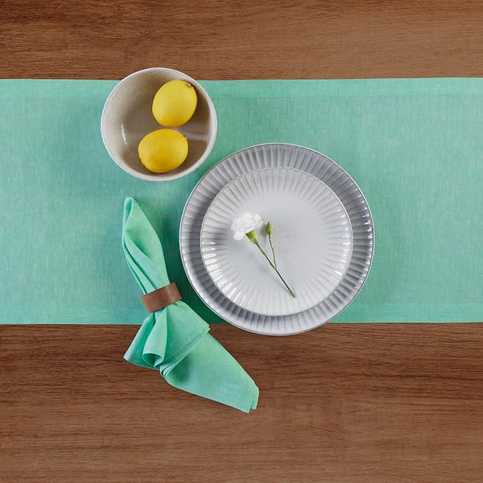 Solino Home Linen Table Runner 108 Inches Long - Athena, 100% Pure Linen Chambray Aqua Dining Table Runner 14 x 108 Inch for Summer