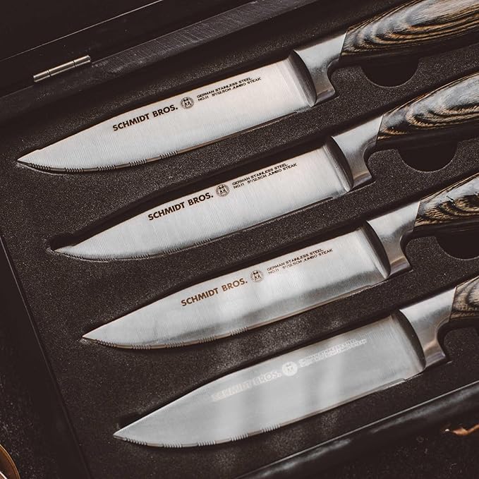 Schmidt Brothers -Bonded Ash 4-Piece Jumbo Steak Knife Set, High-Carbon German Stainless Steel Cutlery in a Wood Gift Box