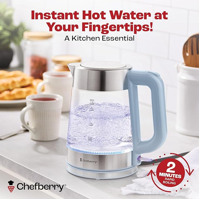 Electric Kettle for Boiling Hot Tea & Water | 1.8L Stainless Steel Borosilicate Glass Boiler With No Plastic, Automatic Shutoff, BPA Free, Fast Heating Technology