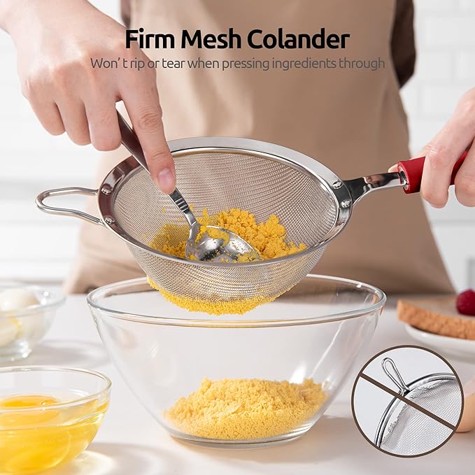 18/8 Stainless Steel Mesh Strainer: U-Taste 5.5 Inch Kitchen Fine Mesh Sieve Food Colander with Riveted Sturdy Silicone Handle and 30 Mesh Hole for Straining Flour, Pasta, Fruit, Quinoa (Red)