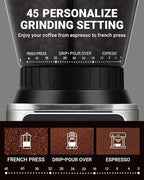AMZCHEF Coffee Grinder, Coffee Bean Grinder for Home Use with Precise Grinding, LED Control Panel, Detachable Funnel Stand, Anti-static Design, 45 Grind Settings, Silver