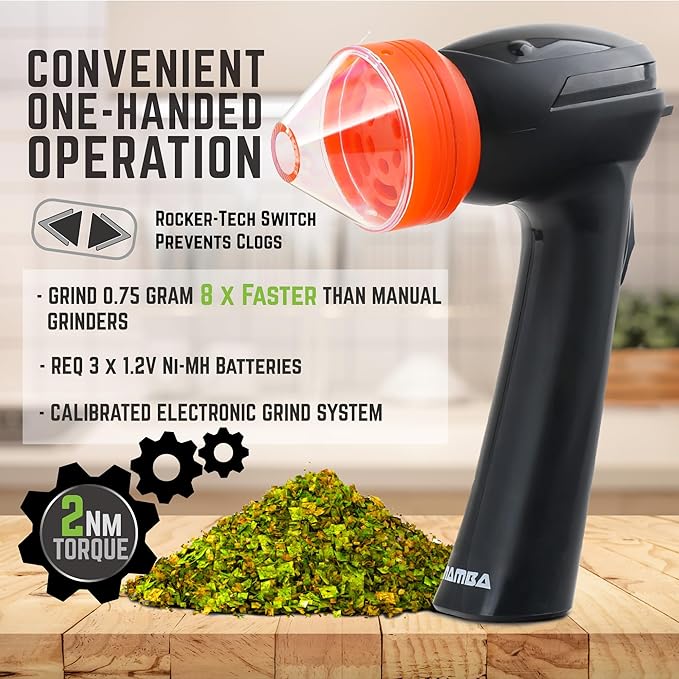 Mamba Lite 0.75g Orange All Plastic Head USB Electric Herb Grinder. Small Portable Herbal Machine & Spice Mill for the Kitchen