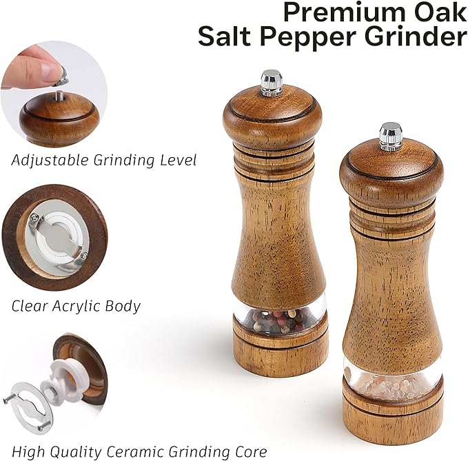 Wooden Salt and Pepper Grinder Set, Premium Oak Wood Salt Grinders Shakers, Pepper Mill with Acrylic Clear Window, Adjustable Ceramic Grinder - 6 inches, 2 Pack