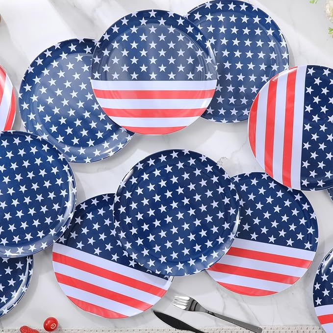 12-Piece Melamine Dinner Plates - 10 Inch Unbreakable Plates for 4th of July Party, Red White Blue Decorations, Lightweight Dinnerware for BBQ, Picnic, Independence Day - Mixed Colors