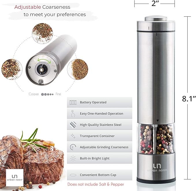 Electric Salt and Pepper Grinder - Battery Operated Stainless Steel Pepper Mill with Light - Automatic One Handed Operation - Electronic Adjustable Shaker - Ceramic Grinder