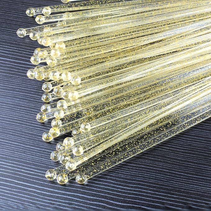 100 Pieces Disposable Plastic Round Top Clear Swizzle Sticks, Crystal Cake Stick, Cocktail Coffee Drink Stirrers 7.24 Inch (Golden)