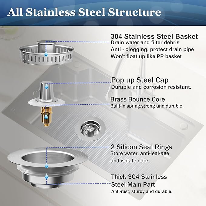 3 in 1 Kitchen Sink Drain Strainer Pop up Sink Stopper,Durability Stainless Steel Anti-Clogging Strainer Basket Odor Prevention Plug Stopper for US Standard 3-1/2” Drain