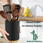 Black Utensil Holder Wood Kitchen Utensil Holder for Countertop, 360°Rotating Cooking Utensil Crock for Counter, 7.2" Large Utensil Organizer for Spatula Kitchen Decor