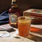 12pcs Vintage Drinking Glasses Set, 12 oz Highball Glasses & 9 oz Embossed Ribbed Glassware Cups for Thanksgiving Cocktail, Juice, Coffee, Whiskey (Amber)