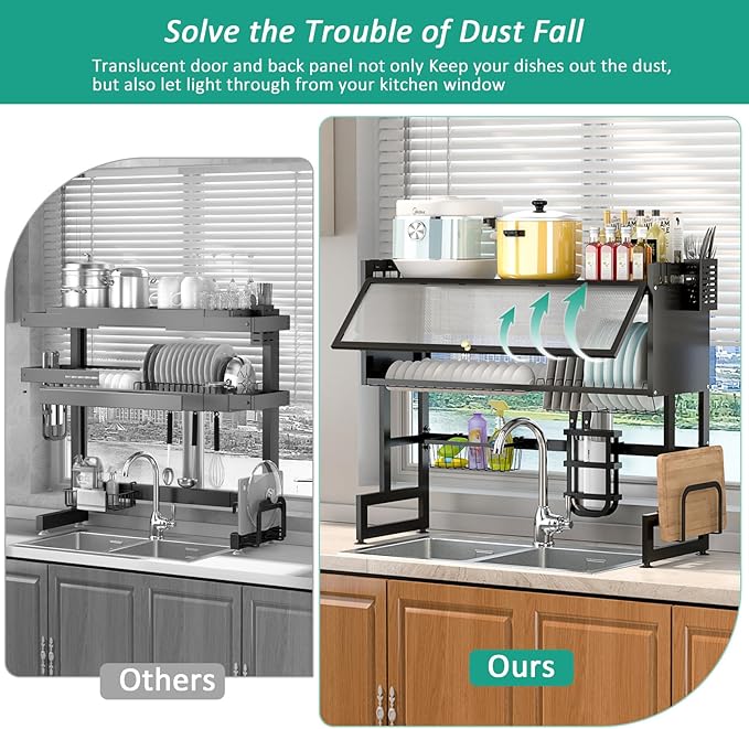 bukfen Dish Drying Rack, Over The Sink Dish Drainer Drying Rack 2 Tier Dish Rack with Cover for Kitchen (Black, Large 37.40 Length)