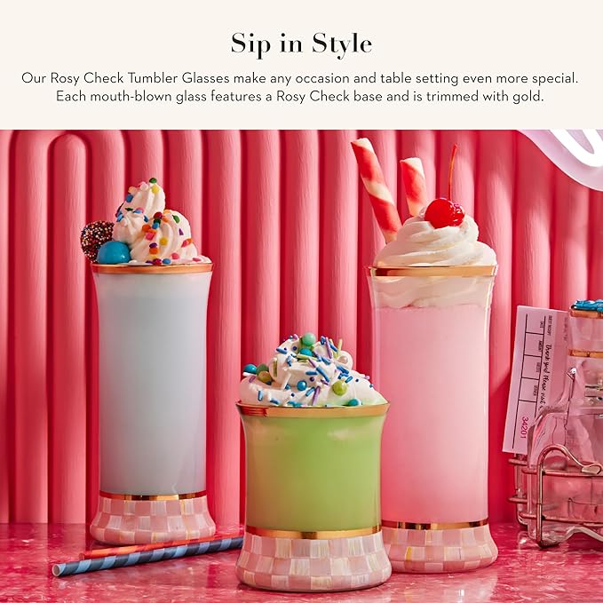 MACKENZIE-CHILDS Tumbler Glasses, Elegant Drinkware, Glasses with Gold Rim, 8 Ounces, Set of 2, Pink-and-White Rosy Check