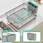 Dish Drying Rack, Space-Saving Dish Rack, Dish Racks for Kitchen Counter, Kitchen Dish Drainers with Removable Utensil Holder,Plate Rack and Drainboard, 11''W x 15''L, Gray