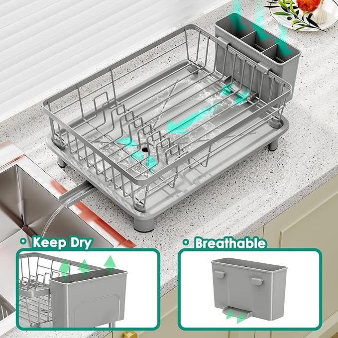 Dish Drying Rack, Space-Saving Dish Rack, Dish Racks for Kitchen Counter, Kitchen Dish Drainers with Removable Utensil Holder,Plate Rack and Drainboard, 11''W x 15''L, Gray